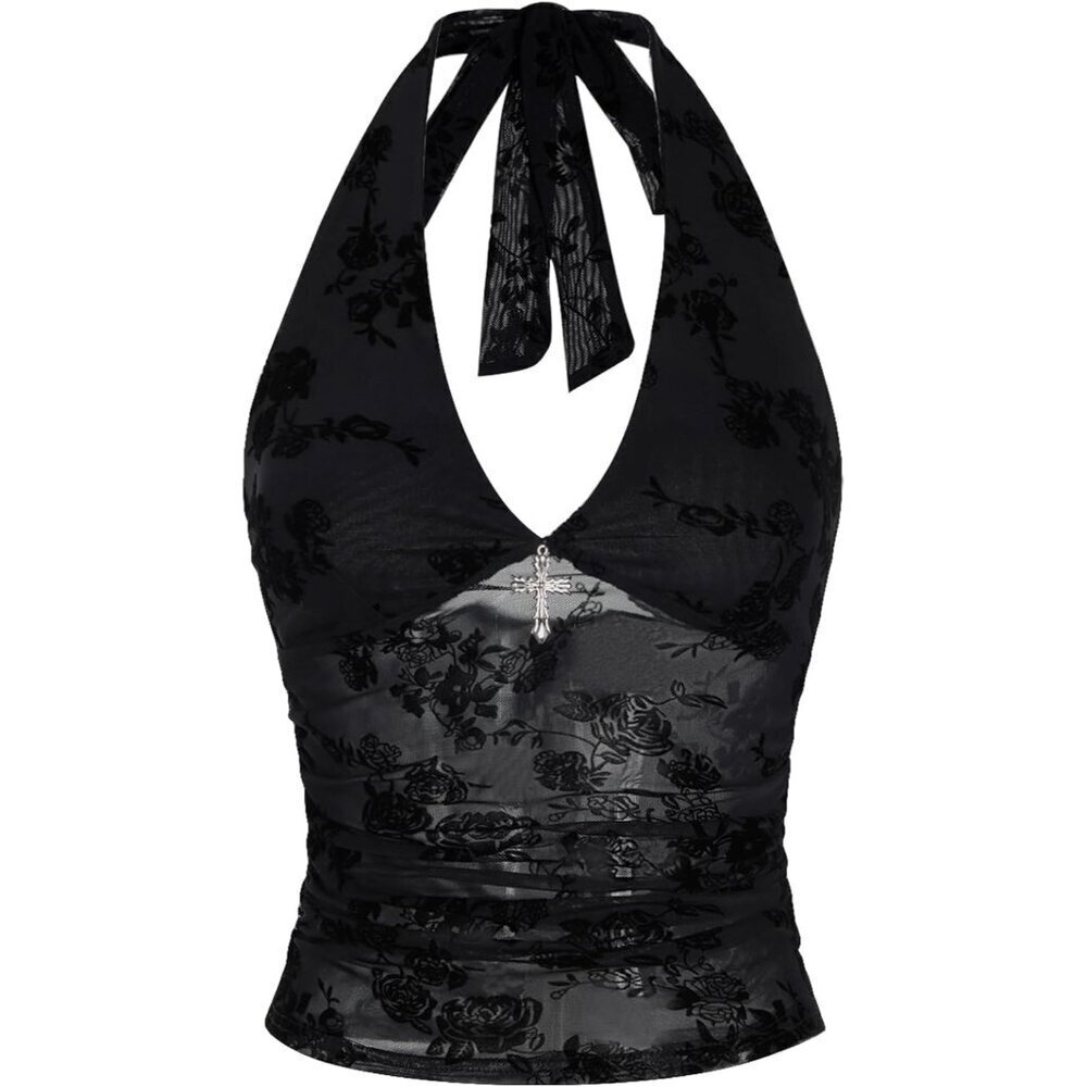 Women's Mesh Crop Top Black Gothic V Neck Open Back Slim Fit Summer Outfits